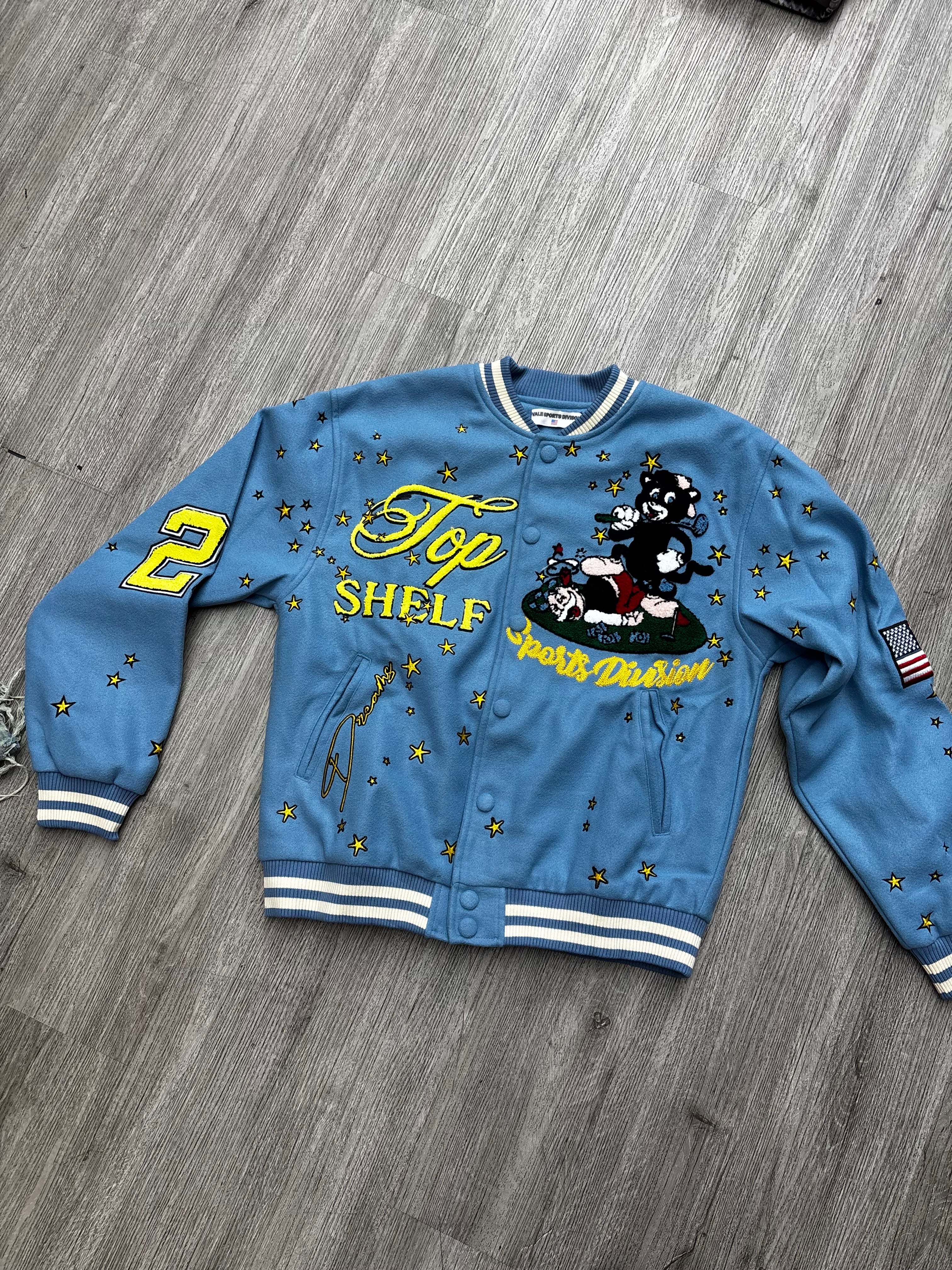 Vale lives varsity jacket top shelf blue