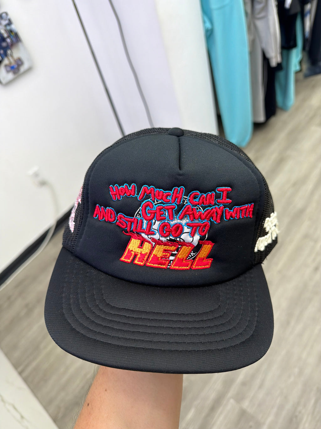 Better with age mesh trucker hat Black/red “Hell”
