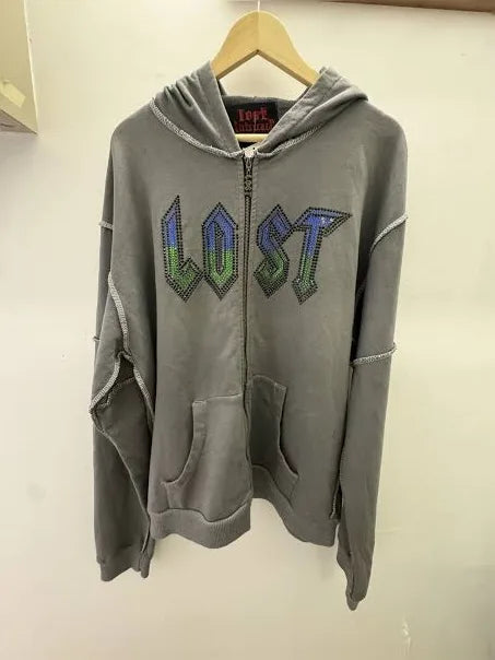 Lost Intricacy Rhinestone Zip Up Hoodie (Grey/Blue/Green)