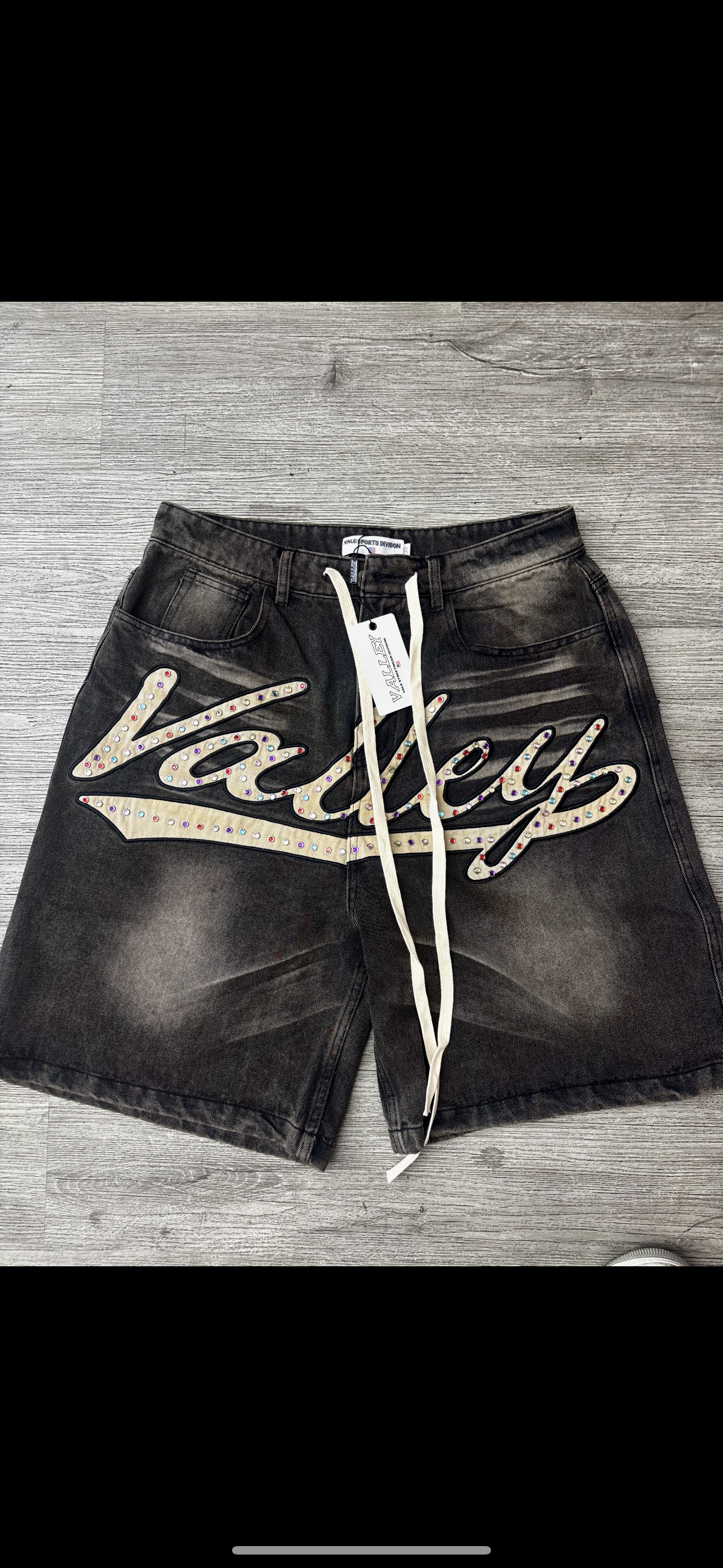 Vale studded denim shorts logo black