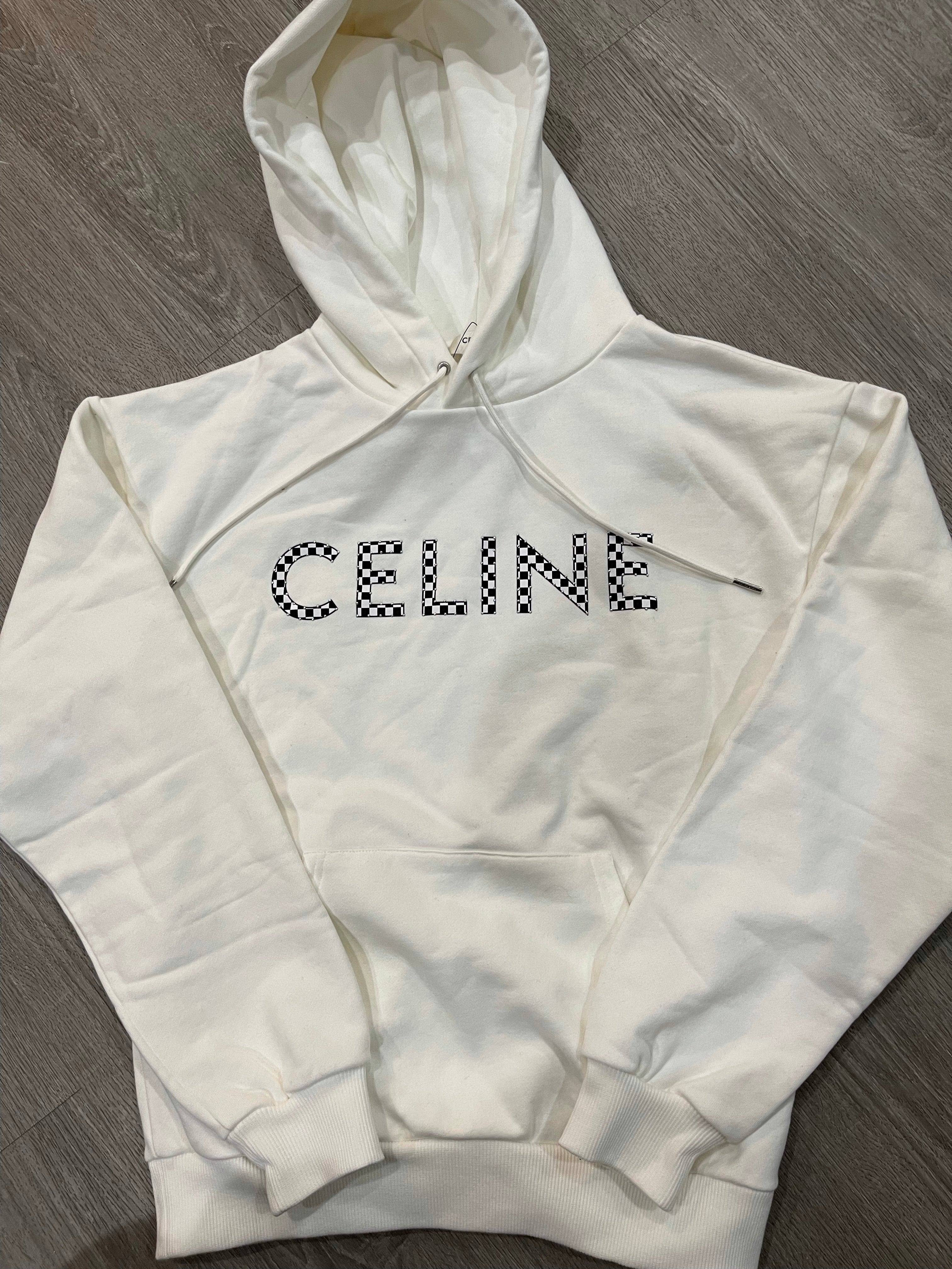 Celine Studded Checkered Logo Hoodie (White
